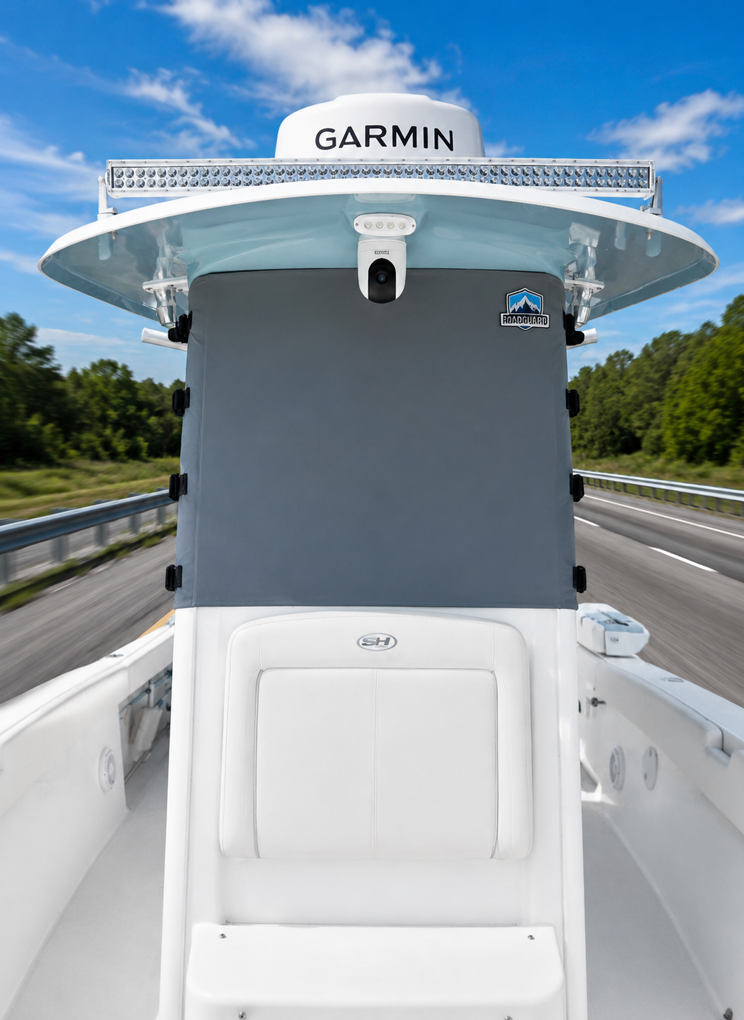 Close-up of Marine RoadGuard installed on a center console windshield